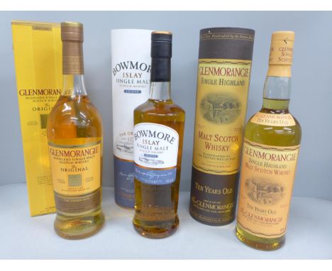 Three bottles of Scotch Whisky, Glenmorangie x2, both 10 years and Bowmore **PLEASE NOTE THIS LOT IS NOT ELIGIBLE FOR IN-HOUS