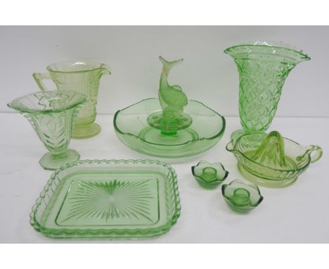 A collection of glassware including a Royal Doulton decanter and a Czech decanter, green glass including three uranium glass 