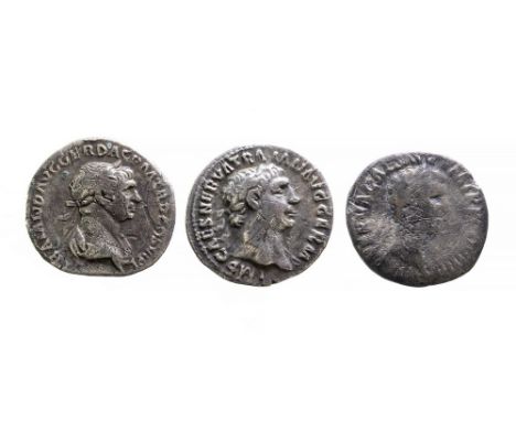 Three Roman Silver Denarii of Nerva and Trajan.Nerva Denarius, 96 AD. IMP NERVA CAES AVG P M TR P COS II P P, laureate head r