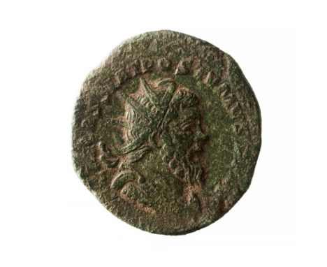 Postumus Æ Double Sestertius AD 260-269.Obv. IMP C M CASS LAT POSTVMVS P F AVG Radiate, draped, and cuirassed bust right.Rev.