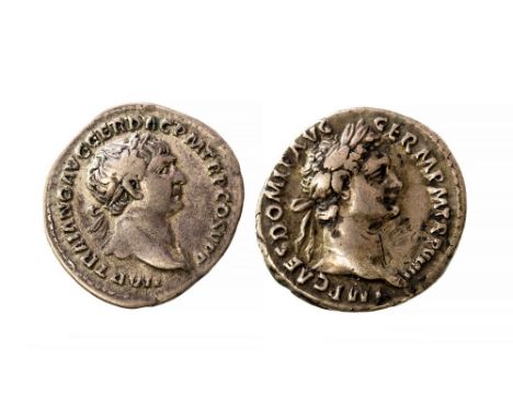 Silver denarii of Domitian and Trajan.Domitian, Rome, 88-89 AD:Obv. IMP CAES DOMIT AVG GERM P M TR P VIII, laureate head righ
