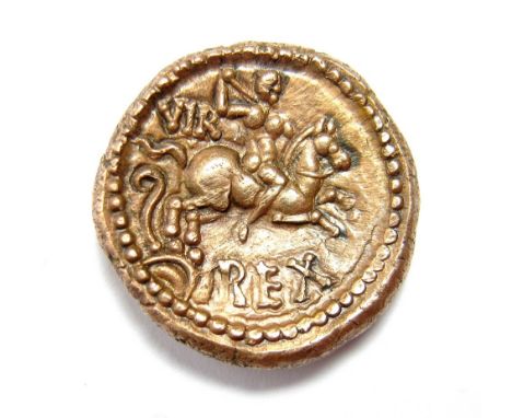 Verica 'Warrior Rex' gold stater, Atrebates.Obv. COM.F within incuse rectangular tablet.Rev. Warrior on horseback right, hold