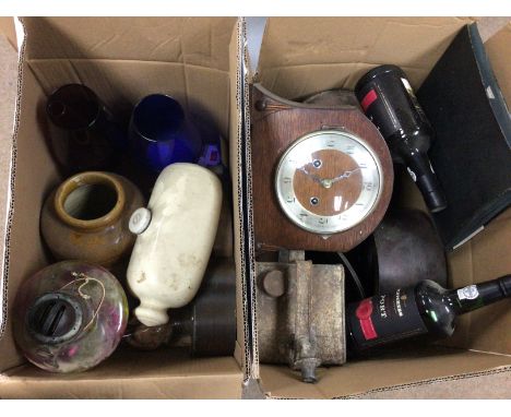 A collection of assorted items including two bottles of port, various ceramics, oil lamp etc