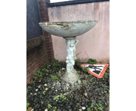 a pair of composition, concrete, garden, ornaments, large dishes, supported by putti damaged tops no reserve . Height 120cm. 