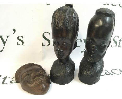 Vintage hardwood carved African Tribal heads and a wall mask. Postage cat B