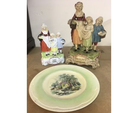 Yardleys Lavender advertising figures, smaller modern figure group and a Clarice Cliff plate with painted country scene. This