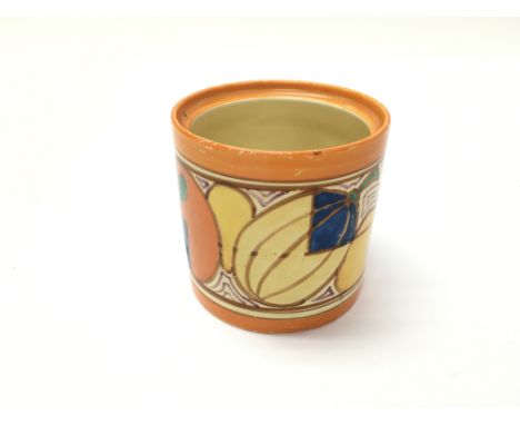 A Clarice cliff ham jar with no lit. 8cm diameter.