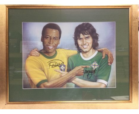 A framed and glazed sigmed print of both Pele and George Best, no COA, approx 74cm x 59cm. Shipping category D.