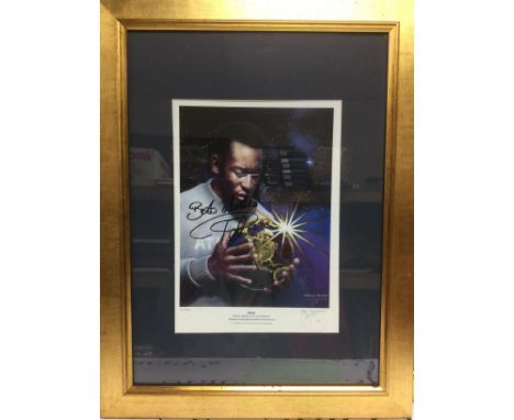 A framed and glazed limited edition signed print of Pele, numbered 71/350, approx 45cm x 59cm. Comes with COA. Shipping categ