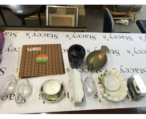 A Collection of assorted items including a Royal Worcester vintage car plate and cup, brass duck bowl, West German vase, coll