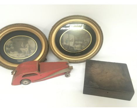 A scratch built painted wood vintage car two oval framed Moreland Prints and a George III mahogany storage box
