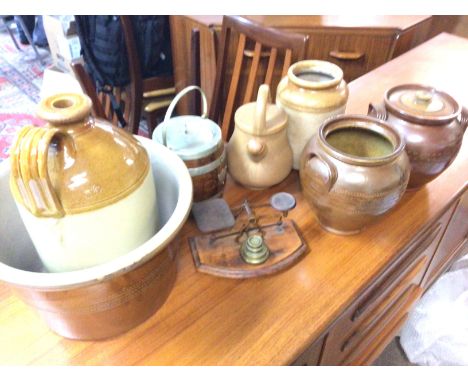 A collection of stoneware jars including a large oak lid topped jar and a set of postal scales etc. This lot cannot be posted
