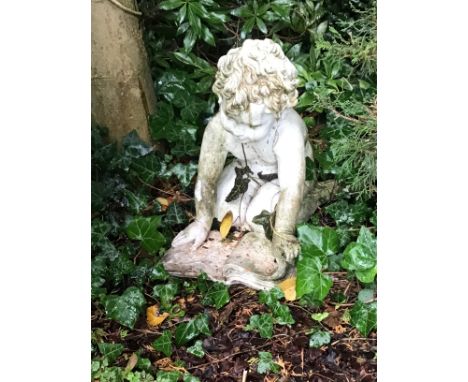 A concrete, composition, garden ornaments in the form of a putti reading a book and a bird bath Hight 73cm sold in situ good 