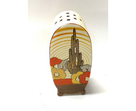 A Clarice Cliff Bonjour design sugar sifter with Capri pattern. 12.5cm, no damage or restoration. (D) (unmarked).