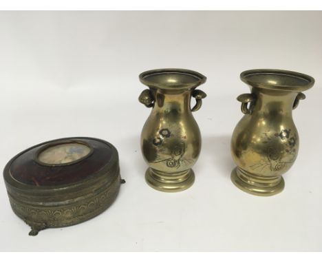 A pair of Japanese brass vases with floral pattern and circular shaped trinket box (3) NO RESERVE