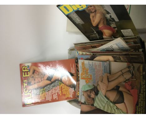 A box containing a large quantity of Vintage adult magazines The Journal of Love Fiesta Sensations Rustler and many others.