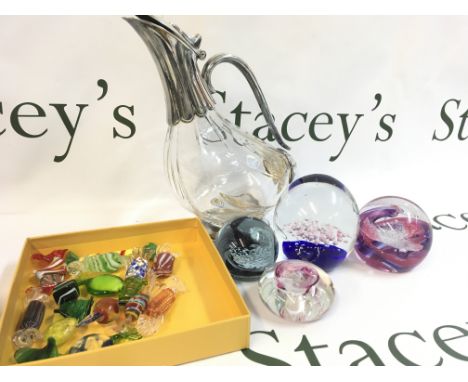 A silver plated duck shaped decanter, Caithness paperweights and Murano glass sweets. This lot cannot be posted