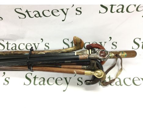 A collection of various aged walking sticks including a sword stick.