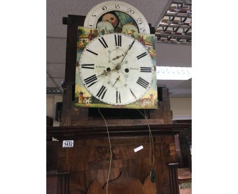 A mahogany long case clock the arch painted dial with Roman numerals.