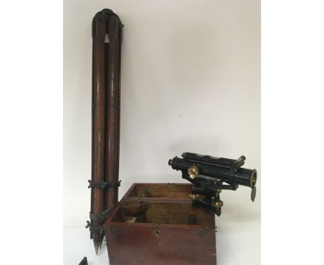 A boxed Theodolite with stand and fitted box maker B J Hall and Co London and two other vintage precision instruments.