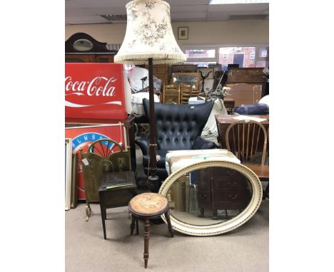 A Mahogany standard lamp with fluted Column a brass fire screen a white painted oval mirror mahogany work box and a small sto