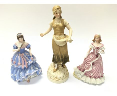 Two Wedgewood figures and a Royal Dux figure. Note damage to fan of one as pictured. Postage D