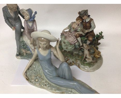 Two Neo porcelain figures a reclining lady in summer dress and a courting couple and a Capodimonte figure (3) NO RESERVE