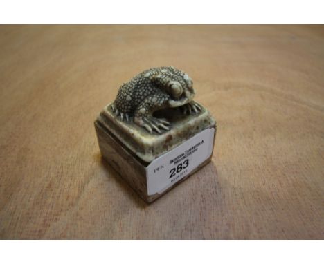 Old Chinese carved soapstone seal, with Toad surmount (slight chipping)