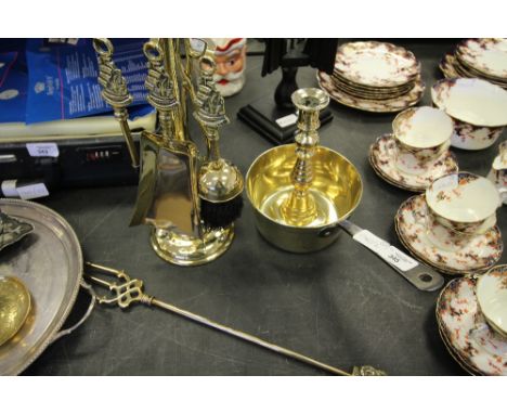 Brass Companion Set, Pan, Toasting Fork, Candlestick