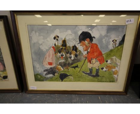 John 'Wilk' Wilkinson (1906-1994) - Caricature - 'Hest A Hod?', huntsman down rabbit hole with Johnny Richardson watching, si