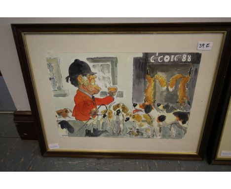 John 'Wilk' Wilkinson (1906-1994) - Caricature - Johnny Richardson toasting a successful hunt, signed and dated 1984, framed