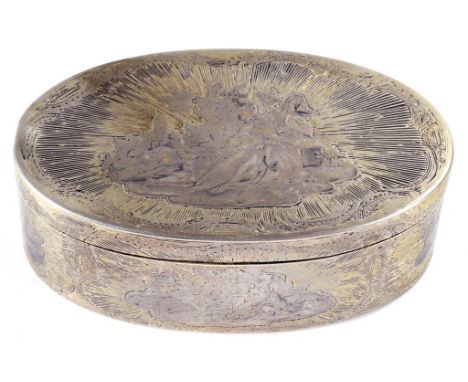 A SILVER AND NIELLO OVAL SNUFF BOX  the lid, base and sides decorated overall with six scenes on a sunburst engraved ground, 