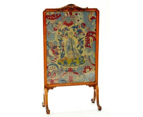 A CARVED WALNUT FIRESCREEN WITH GROS POINT PANEL, 102CM H