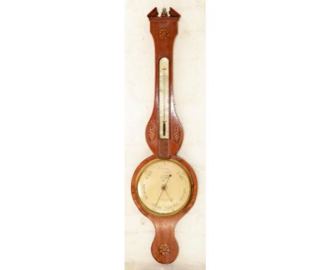 A VICTORIAN INLAID MAHOGANY BAROMETER, THE SILVERED UNDERSIDE INSCRIBED B. PORRY NOTTINGHAM, WITH PART HALF MORTAR, 96CM H