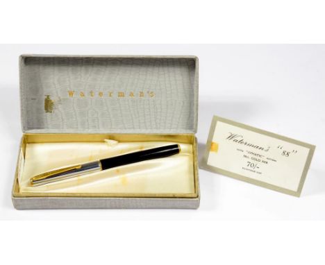 A WATERMAN 88 PEN AND CAP, GOLD NIB MARKED WATERMANS 18CTS 3 FRANCE, ORIGINAL BOX WITH PRICE TICKET 79 SHILLINGS