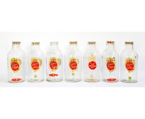 A SET OF SEVEN SHOPKEEPERS GLASS SWEET JARS AND STOPPERS WITH ORIGINAL TITLE LABEL OF JOSEPH TERRY & SONS LTD YORK FOR HANDMA