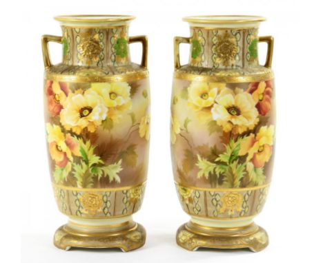 A PAIR OF NORITAKE VASES PAINTED WITH YELLOW FLOWERS BETWEEN RAISED GILT BORDERS, 34CM H, PRINTED MARK