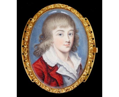 ENGLISH SCHOOL, EARLY 19TH C PORTRAIT MINIATURE OF A YOUNG MAN IN A RED COAT, IVORY, OVAL, 4.5 X 3.3CM, MOUNTED IN A GOLD BRA