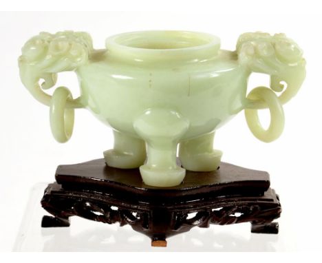 A SOUTH EAST ASIAN CARVED STONE TRIPOD VESSEL WITH LOOSE RING HANDLES, 6.5CM  H, 20TH C