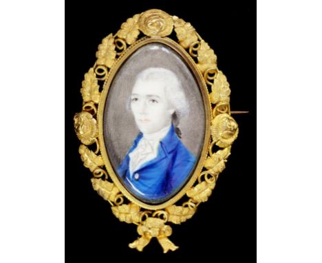 ENGLISH SCHOOL, C1780 PORTRAIT MINIATURE OF A GENTLEMAN IN A BLUE COAT, IVORY, OVAL, 4 X 2.5CM, IN GILTMETAL FRAME, THE BACK 