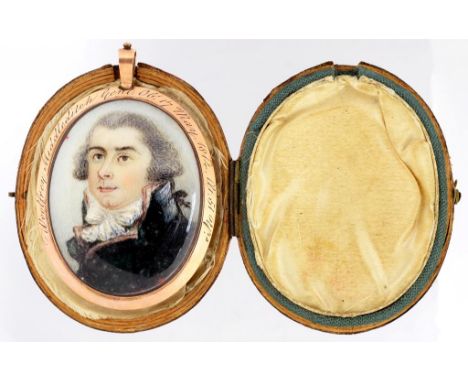 ENGLISH SCHOOL, 1791 PORTRAIT MINIATURE OF A GENTLEMAN, IVORY, OVAL, 5 X 4CM , IN GOLD FRAMED ENGRAVED WLLFREY MIDDLEDITCH GE