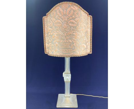 A Lalique Josephine frosted glass and brass column table lamp, with swan design, with etched Lalique France mark, 44cm high