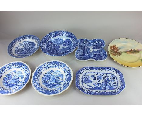 A Spode New Stone blue and white porcelain dish with the 'Grasshopper' pattern, 26cm a Spode Italian pattern square wavy edge