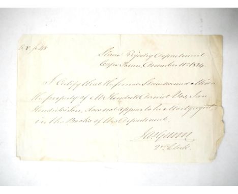 A manuscript document, Slave Registry Department, Cape Town, 1824, a certificate that a slave named Mina has not been mortgag