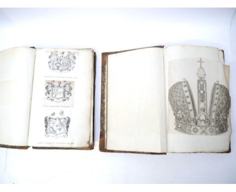 Two large folio volumes of mainly 18th and 19th Century engraved heraldic coats of arms/bookplates, first volume containing a