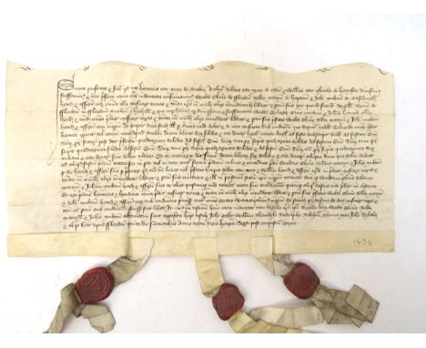 Feoffment (both halves of an indenture) for £10 6s 8d to be paid in instalments; 5 Nov 1424Henry atte Moor of Bracon Ash (Bra