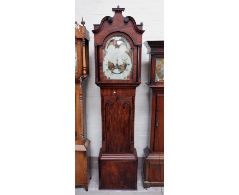 A late 18th century mahogany longcase clock in Gillows style case, the hood with vase inlaid blind swan neck pediment, quadru