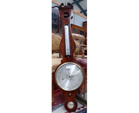 A 19th century  banjo shaped mercury column barometer in mahogany case with boxwood and ebony line inlay, level, mirror, ther