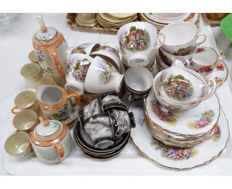 A Royal Vale part tea service decorated with cottage scenes, 38 pieces approx; Japanese part coffee services; etc.