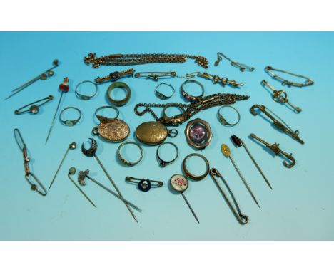 A selection of Victorian gold plated jewellery; a on of Edwardian bar brooches and stick pins